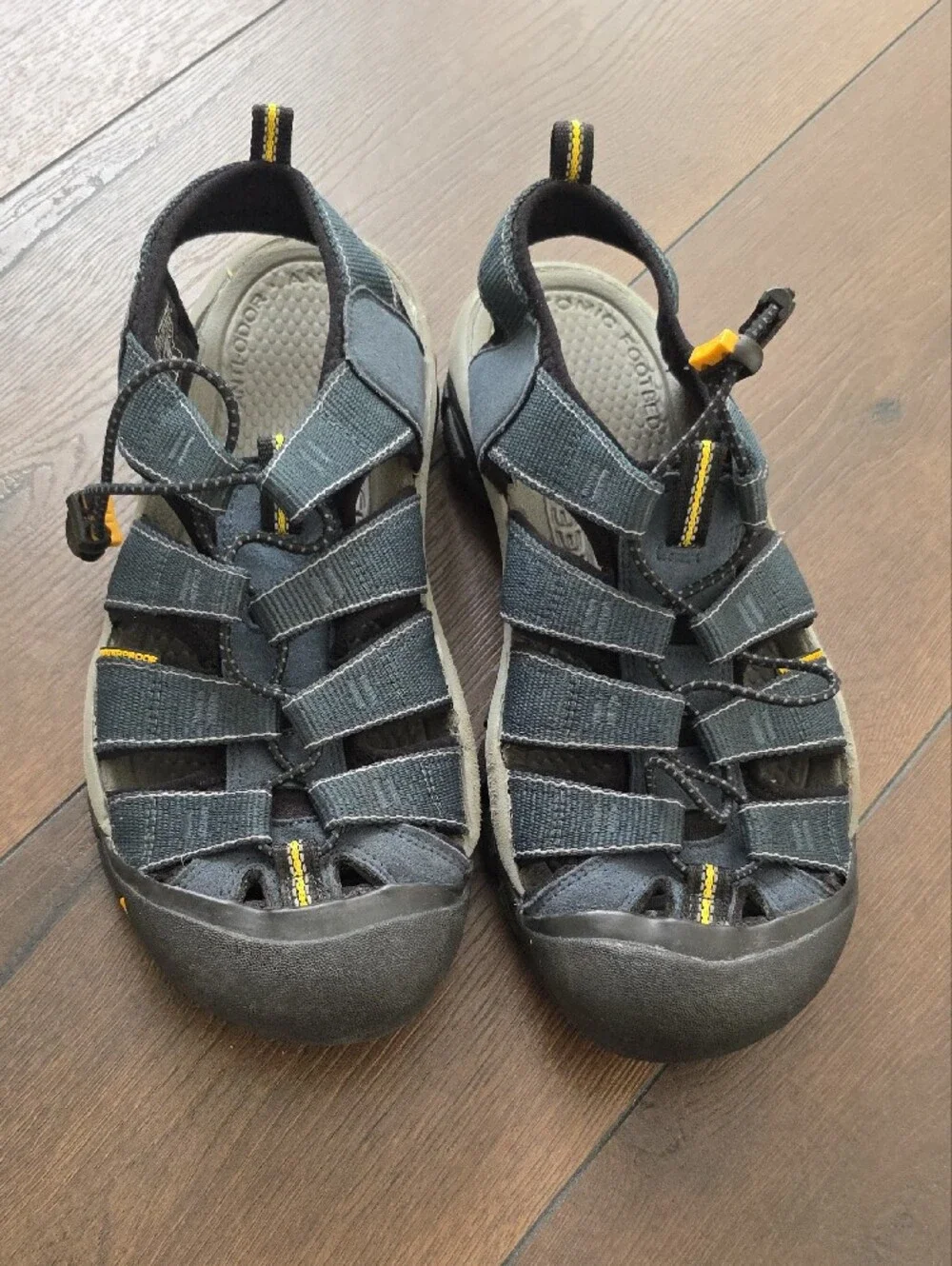Keen men's closed-toe sport sandals in navy‎ with yellow accents Size 9.5